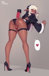1boy against_wall artist_name ass bent_over black_garter_straps blonde_hair condom dark-skinned_male dark_skin dungeon_meshi elf erection from_behind full_body futanari garter_straps grey_background heart high_heels highres looking_back male_focus matemi penis pointy_ears simple_background smile solo speech_bubble standing testicles thistle_(dungeon_meshi)