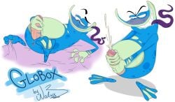 amphibian anthro anus aroused aroused_face aroused_smile ass bed_sheet bedding bite biting_lip blue_body blush blush_lines bodily_fluids both_hands_on_penis clenched_teeth cum cumshot disembodied_foot ejaculation eyebrows feet genital_fluids genitals globox grabbing_sheets grin half-closed_eyes hand_on_penis hi_res lips long_tongue looking_down_at_penis lying male male_only markings masturbation membrane_(anatomy) narrowed_eyes on_back overweight overweight_male penis purple_tongue rayman_(series) signature simple_background slightly_chubby slightly_chubby_male smile solo spots spotted_body spotted_tongue spread_legs spreading standing standing_masturbation striped_genitalia striped_penis stripes teeth thick_lips toes tongue tongue_out ubisoft webbed_feet wolxxitswolxx