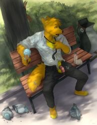 anthro avian balls beak belt bench bird bodily_fluids bottle bottomwear canid canine canis captainskee carrotwolf clothed clothing columbid container dessert detailed_background digital_media_(artwork) dripping feet feral food fur genital_fluids genitals grass half-erect heat_(temperature) hi_res holding_food holding_ice_cream holding_ice_cream_cone holding_object humanoid_genitalia humanoid_penis ice_cream ice_cream_cone male mammal necktie open_mouth outside pants penis pigeon plant precum precum_drip precum_string rodent sciurid shirt sitting spread_legs spreading sweat tail toes topwear tree tree_squirrel unbuttoned_pants unbuttoned_shirt vein veiny_penis wolf yellow_body yellow_fur