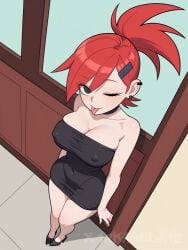 12kaneda12 :p ai_generated black_dress breasts frankie_foster large_breasts nipple_bulge piercing red_hair tight_clothing watermark wide_hips wink