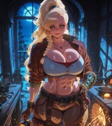 1girls abs ai_generated blacksmith blonde_female blonde_hair blue_eyes breasts cleavage crop_top cropped_jacket curvaceous curvy curvy_female curvy_figure female female_focus female_only forge gemma_(monster_hunter_wilds) indoors kushai large_breasts looking_at_viewer monster_hunter monster_hunter_wilds muscular muscular_female night open_clothes ponytail smile smiling smiling_at_viewer solo solo_female solo_focus sweat sweating thick_thighs voluptuous voluptuous_female wide_hips