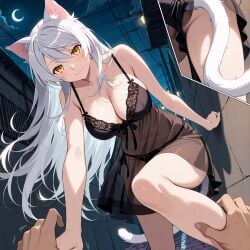 ai_generated bakemonogatari black_hanekawa black_lingerie cat_ears cherry_blossom_scent crescent_moon damp_pavement detailed_background female long_hair male male_pov monogatari_series narrow_alley night perched_on_wall playful_expression pov_male_view purring silver_hair streetlights tail tsubasa_hanekawa yellow_eyes
