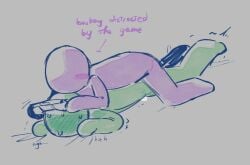 alan_becker anal_sex animation_vs_minecraft blush circle_head english_text gay gay_sex green_(avm) green_body green_skin laying_down laying_on_bed laying_on_stomach moaning motion_lines non-human non-human_head non-human_only penis penis_in_ass playing_videogame purple_(avm) purple_body purple_skin simple_background stick_figure stickman toony