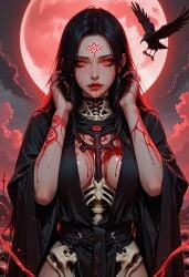 ai_generated bird blood_drip blood_moon blood_on_face blood_stain bloodmoon bone bone_armor bones breasts busty choker collar collarbone cross crow cult cultist curvy earings female head_tilt jewelry large_breasts lips markings mascara nipples open_robe red_eyes robe tattoo tattoos thick thick_thighs toned toned_ toned_female wadufuk1