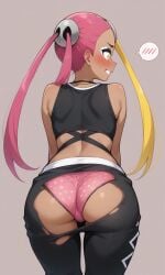 1girls ai_generated ass black_crop_top black_pants blonde_hair blush crop_top embarrassed embarrassed_female embarrassed_smile hair_ornament panties pants pink_hair plumeria_(pokemon) pokemon pokemon_sm polka_dot polka_dot_panties quad_tails ripped_pants smile solo spoken_blush torn_pants underwear wardrobe_malfunction yellow_eyes