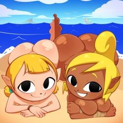 2girls aryll ass ass_to_ass asses_touching beach blonde_hair female female_only flashfigure grin nintendo nude on_stomach pointy_ears tetra the_legend_of_zelda wind_waker