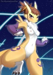 aged_up alternate_species anthro arm_warmers_only bandai_namco breasts brown_hair claws digimon digimon_(species) female front_view fur furrification genitals hair hi_res looking_at_viewer neck_tuft nude nude_female pose purple_eyes pussy renamon rika_nonaka solo themysteriousdee toe_claws tuft yellow_body yellow_fur