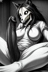 ai ai-created ai_generated animal_skull black_hair black_penis furry furry_futa futa_only futanari intersex long_penis red_eyes scp scp-1471 scp_foundation white_body wolf_ears