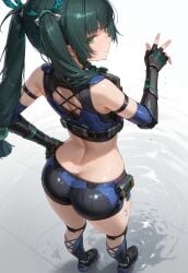 1girls ai_generated android ass ass_cleavage big_ass bubble_ass bubble_butt butt_crack enjisd female from_behind green_hair hand_on_hip hime_cut midriff petite police police_uniform policewoman qingyi_(zenless_zone_zero) robot robot_girl short_female shorts solo twintails zenless_zone_zero