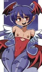 1girls areolae bigdeadalive blue_hair blush capcom darkstalkers exposed_nipples female female_only flat_chest flat_chested hair hips leggings legwear leotard lilith_aensland nipples red_eyes red_leotard short_hair smile solo solo_female succubus succubus_costume succubus_wings thick_thighs thighs wide_hips wings wings_on_head