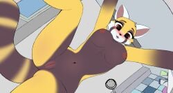 2025 absurd_res aggretsuko ailurid anthro bathroom black_body black_fur blush breasts brown_eyes colored colored_line_art dark_eyelashes detailed_background digital_drawing_(artwork) digital_media_(artwork) female flat_colors fur genitals hi_res indoor_nudity inside looking_at_another looking_down looming looming_over low-angle_view mammal markings navel nipples nude nude_anthro nude_female pussy red_panda redmn retsuko sanrio shower shy smile solo striped_markings striped_tail stripes tail tail_markings teasing yellow_body yellow_fur