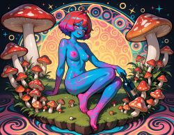 ai_generated alcohol alcohol_bottle blue_skin cool_free_ringtones drug_use feet full_body_tattoo girl mushrooms nude_female pink_tattoo psychedelic psychedelic_background tagme tattoos vibrant_colors