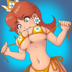 1girls big_breasts bikini bikini_pull bikini_top bra breasts brown_hair busty cleavage grin kreschun large_breasts legs light_skin mario_(series) naughty_face navel orange_bra princess_daisy pulled_by_self royalty smile teasing thighs thong_bikini underboob voluptuous