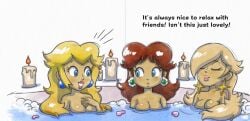 3girls bath breasts breasts_covered female hexanne mario_(series) naked nude partially_submerged princess_daisy princess_peach princess_rosalina tagme