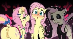 3girls blushing canaryprimary cutie_mark earrings feral feral_focus feral_only fluttershy_(mlp) fluttershy_(my_little_pony) goth green_eyes horse looking_at_viewer makeup mlp_g4 multiple_outfits my_little_pony not_furry open_mouth partially_clothed piercings pink_hair presenting_hindquarters presenting_pussy red_eyes tagme yellow_body