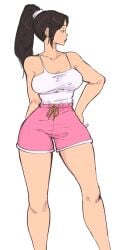 brown_hair female hand_on_hip immisterplow pink_shorts ponytail shorts solo tank_top thick_thighs thighs tired_eyes white_tank_top witchparfait