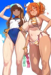 2girls bikini breast_size_difference breasts brown_hair condom_accessories condom_filling condom_wrapper droopy_eyes ebora erect_nipples fate/grand_order fate_(series) female filled_condom fujimaru_ritsuka_(female) imminent_sex kishinami_hakuno_(female) large_breasts licking_lips light-skinned_female light_skin long_hair looking_at_viewer naughty_face nipples_visible_through_clothing one-piece_swimsuit orange_hair small_breasts swimsuit tan tan-skinned_female tanline tanlines tanned_skin youngmanisdown