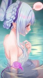 1girls ai_generated bath blue_hair blush braid breasts elf elf_ears elf_female genshin_impact pointy_ears purple_eyes solo tail thought_bubble towel water yumemizuki_mizuki