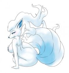 2016 alolan_form alolan_ninetales anthro anthrofied big_breasts blue_eyes breasts canid canine covering covering_breasts covering_self cream.pup female generation_7_pokemon hi_res looking_at_viewer mammal multi_tail ninetales nintendo nude pokemon pokemon_(species) pokemorph regional_form_(pokemon) simple_background smile solo tail white_background