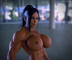 3d abs animated black_hair breasts female female_only gif large_breasts muscular_female nipples ponytail siberianar solo veins