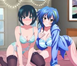 2girls ai_assisted blue_bra blue_eyes blue_hair blue_panties botan_nagatsuki cleavage female garter_belt hoodie large_breasts lingerie looking_at_viewer medium_breasts on_all_fours on_knees pantyhose smile xenovia_quarta