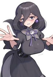 1girls absurdres artist_name black_dress black_hair blush bow bowtie breasts collared_dress corset dress earrings female game_freak gonzarez hex_maniac hex_maniac_(z-a) highres jewelry large_breasts nintendo npc_trainer outstretched_arms pokemon pokemon_legends:_z-a purple_bow purple_bowtie purple_eyes shaded_face signature sleeve_cuffs solo zombie_pose