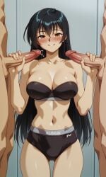 1girls 2boys ai_generated black_panties black_underwear dark-skinned_female double_handjob female giga_(company) jun_kubota kubota_jun large_penis medium_breasts meta: questionable_consent self_upload variable_geo