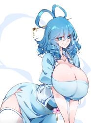 blue_dress blue_eyes blue_hair breasts chisel cleavage closed_mouth commentary dress drill_hair drill_sidelocks female flower hair_ornament hair_rings hair_stick highres huge_breasts looking_at_viewer raptor7 seiga_kaku shawl short_hair short_sleeves sidelocks simple_background smile solo symbol-only_commentary thighhighs touhou white_background white_thighhighs