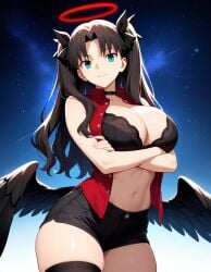 ai_generated black_bra bra breasts choker collared_shirt crossed_arms curvy female halo large_breasts light_smile low_wings non-web_source red_halo shirt short_shorts shorts solo star_(sky) starry_sky_background thick_thighs thighhighs thighs tohsaka_rin underwear wings