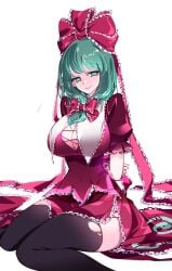 absurdres arm_ribbon black_thighhighs bound bound_arms bow breasts cleavage dress female frilled_bow frilled_ribbon frills front_ponytail green_eyes green_hair hair_ribbon hairbow highres kagiyama_hina large_breasts looking_at_viewer puffy_short_sleeves puffy_sleeves raptor7 red_dress ribbon short_sleeves sitting solo thick_thighs thighhighs thighs torn_clothes torn_thighhighs touhou white_background wrist_ribbon