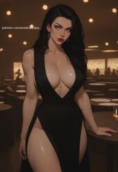 abs ai_generated cleavage double_slit_dress dress fit fit_female muscular muscular_female no_bra no_panties photoshoot pose red_lipstick sexy sexy_pose thick_thighs