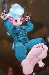 amphibian anthro axolotl bodily_fluids bulletproof_vest clothed clothing falling feet flying_sweatdrops foot_fetish foot_focus hi_res male marine midair mole_salamander no_shoes pistols salamander soles solo sweat sweatdrop sweaty_feet the_finals the_g0lden_0ne toes