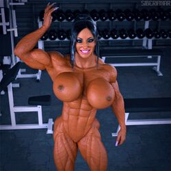 3d abs biceps black_hair breasts female female_only fingernails flexing large_breasts long_fingernails looking_at_viewer muscles muscular muscular_female navel nipples nude ponytail siberianar solo teeth thighs veins wink