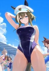 ai_generated animal_ears blue_eyes cheval_grand_(umamusume) female groin horse_girl multicolored_hair poolside sailor_hat school_swimsuit swimsuit umamusume umamusume_pretty_derby wet