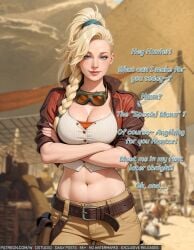 ai-created artist_name bangs belt blonde_hair blue_eyes blurry blurry_background blush braid breasts brown_belt brown_pants cleavage closed_mouth clothing cowboy_shot crop_top cropped_jacket crossed_arms desert english_language english_text eyebrows eyewear female female female_only fingerless_gloves freckles gemma_(monster_hunter_wilds) gloves goggles goggles_around_neck gun hair_over_shoulder handgun high_ponytail high_resolution holster holstered_weapon jacket jewelry large_breasts lips long_hair looking_at_viewer midriff mismatched_eyebrows monster_hunter_wilds navel open_clothes open_jacket outdoors pants ponytail red_jacket shirt single_braid sleeves_rolled_up smile solo standing striped text tied_hair weapon wodstudio