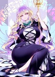 absurdres bead_necklace beads black_shoes blonde_hair breasts closed_mouth curvy dress female fingernails full_body gradient_hair highres hijiri_byakuren huge_breasts jewelry layered_dress long_hair multicolored_hair nail_polish necklace purple_hair purple_nails raptor7 shakujou shoes smile solo sorcerer's_sutra_scroll staff touhou wavy_hair white_dress yellow_eyes