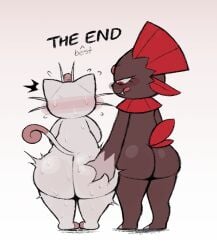 anthro ass big_butt blush bodily_fluids butt_grab digital_media_(artwork) duo female feral generation_1_pokemon generation_4_pokemon grin hand_on_butt handwritten_text licking licking_lips male male/female meowth meowth_(team_rocket) nintendo pokemon pokemon_(species) short_stack smile smirk smug sweat sweaty_butt team_rocket text tongue tongue_out zlut385