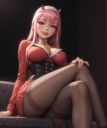 ai_generated bdmaestro crossed_legs dress female looking_at_viewer panties pantyhose sitting smile zero_two_(darling_in_the_franxx)