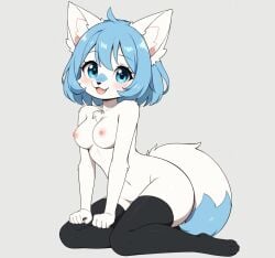 ai_generated anthro anthro_focus anthro_only black_thighhighs blue_eyes blue_hair breasts collarbone female female female_focus female_only fox fox_ears fox_girl fox_tail full_body furry furry_breasts furry_ears furry_female furry_only furry_tail grey_background looking_at_viewer makergpu medium_breasts nipples nude nude_anthro nude_female open_mouth short_hair simple_background sitting smile solo solo_anthro solo_female solo_focus tail thighhighs white_fur wolfychu