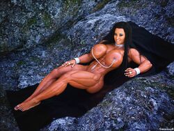 3d abs black_hair breasts female female_only large_breasts long_hair looking_at_viewer lying muscles muscular muscular_female navel_piercing nipples piercing siberianar smile solo teeth thighs