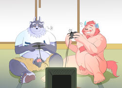 2017 anthro balls bear body_hair chernobog clothing erection facial_hair flaccid hi_res horn humanoid_penis kemono male mammal multi_ear nude obese overweight pandaj_(artist) penis playing_video_game shorts smile tokyo_afterschool_summoners tsathoggua video_game