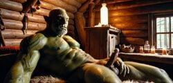 3d ai_generated bara big_muscle big_penis erection green_skin huge_cock male muscular_male orc orc_male orced penis