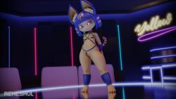 animal_crossing ankha ankha_(animal_crossing) ankha_(zy0n7) anthro bdsm_harness blue_hair ear_fluff egyptian egyptian_mythology flat_chest furry harness headpiece looking_at_viewer neon_lights nintendo petite reheshul shibari_harness short solo yellow_fur