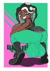 anus big_ass censored dickgirl erection erection_under_clothes futanari grin headphones huge_balls huge_breasts huge_cock kuchibasi2001 looking_at_viewer looking_back marina_(splatoon) nintendo skin_tight splatoon squatting tentacle_hair