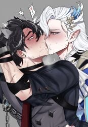 2boys cropped dark_hair earrings eyes_rolling_back french_kiss french_kissing gay gay_sex genshin_impact kissing male male/male male_only neuvillette_(genshin_impact) offscreen_sex pointy_ears poorman_0629 saliva saliva_on_face scars sweat sweating trembling veins white_hair wriothesley_(genshin_impact) yaoi