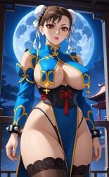 1girls @_@ ai_generated breast_curtains breasts brown_eyes brown_hair chun-li expressionless female female_only hypnosis mind_control panties solo street_fighter thighhighs underboob