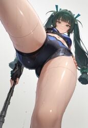 1girls ai_generated android ass ass_visible_through_thighs baton baton_(weapon) enjisd female green_hair looking_at_viewer low-angle_view midriff petite police police_uniform policewoman qingyi_(zenless_zone_zero) robot robot_girl short_female shorts solo sweat thighs twintails zenless_zone_zero