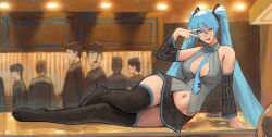 2d aged_up asian asian_female belly_button blue_eyes blue_hair boob_window child_bearing_hips cleavage feet hatsune_miku idol long_hair long_legs lying lying_on_side medium_breasts on_table one_eye_closed pale-skinned_female pale_skin ponytail ponytails pose posing posing_for_picture posing_for_the_viewer pplord skirt slim_waist tagme taller_girl thick_thighs thighhighs tied_hair tongue_out untied v_sign vocaloid wide_hips