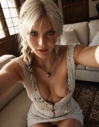 ai_generated braid breasts cd_projekt_red ciri collar dress female freckles gazmandros light-skinned_female looking_at_viewer mascara nipples no_panties pussy scar solo the_witcher_(series) the_witcher_4 white_dress white_hair