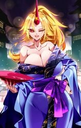 absurdres alcohol architecture blonde_hair blush breasts colored_sclera east_asian_architecture fangs female hand_on_own_hip highres holding horns hoshiguma_yuugi hoshiguma_yuugi_(kimono) japanese_clothes kimono large_breasts long_hair long_sleeves looking_at_viewer one_eye_closed oni open_mouth outdoors pointy_ears ponytail purple_kimono raptor7 red_eyes red_horns red_sclera sake single_horn sky smile touhou